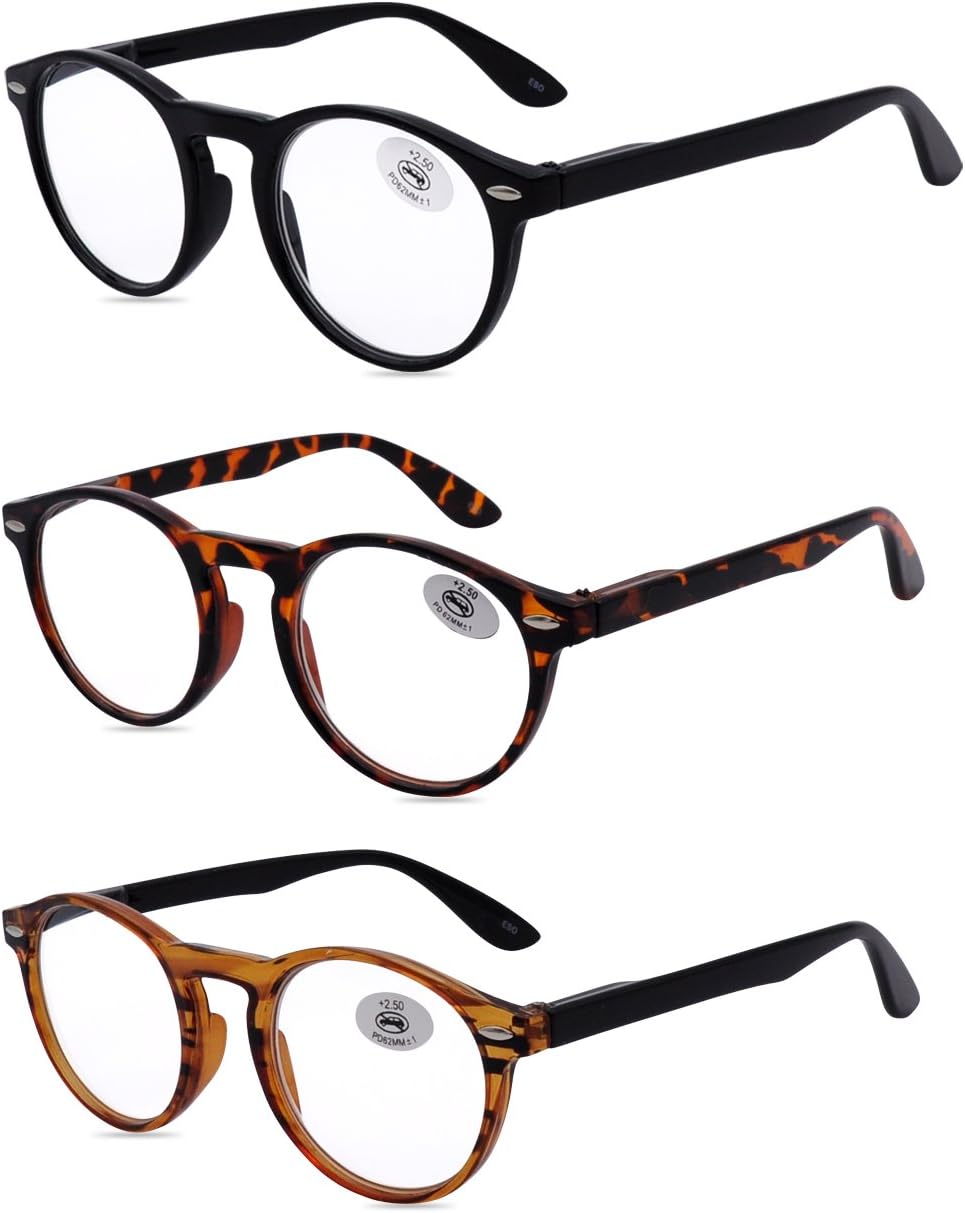 AMILLETAMILLET Reading Glasses 3 Pack for Men and Women,Retro Round Spring Hinges Frame Readers,3 Colors with Gift Packing,Glasses for Reading +3.50
