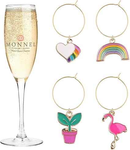 Amazon P429 レインボー ラブ フラワー オーストリッチバード ワイン チャーム グラスマーカー パーティー用 ベルベットバッグ付き 4個セット Monnel グラスマーカー