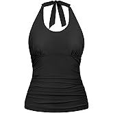 Firpearl Underwire Tankini Tops for Women Ruched Tummy Control Swimsuit Tops Modest Halter Bathing Suit Top Only