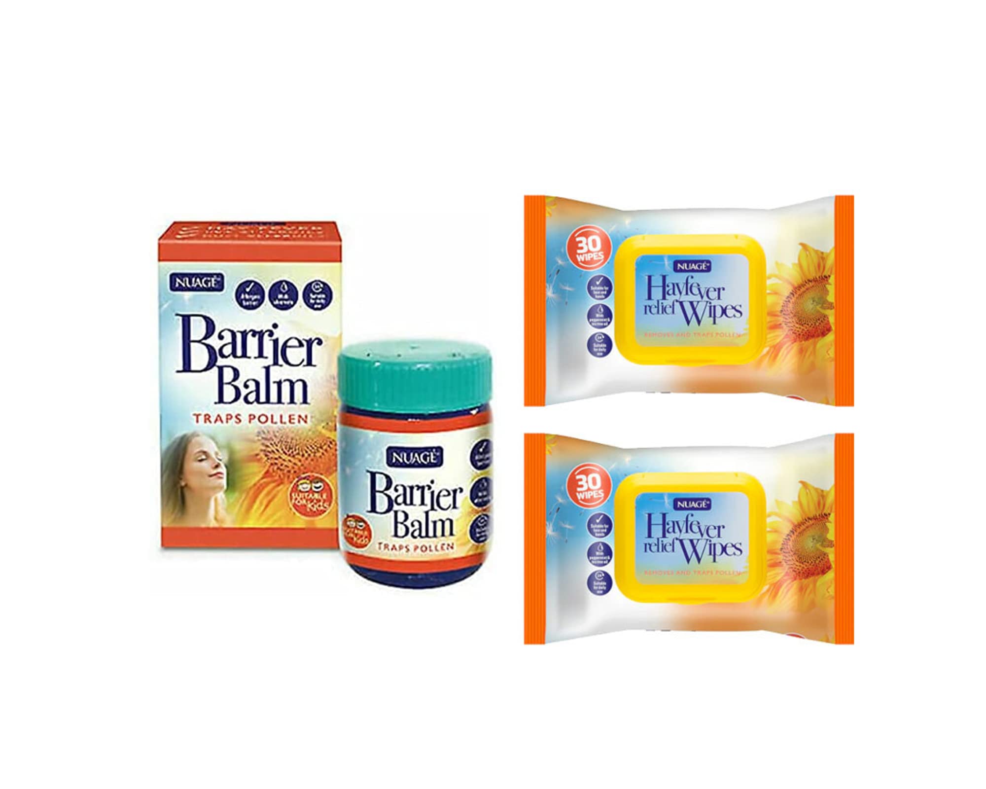 NUAGE HAYFEVER & ALLERGY RELIEF | HAY FEVER ALLERGY FACE WIPES (2 X PACKS) | NUAGE ALLERGY BARRIER BALM (50 g) | EYE WIPES AND POLLEN BARRIER BALM HELP STOP IRRITANT EFFECTS OF HAYFEVER AND ALLERGIES.