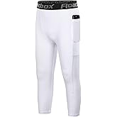 Roadbox Boys 3/4 Compression Leggings Pants, Youth Sports Capri Running Tights Kids Basketball Base Layer with Pockets