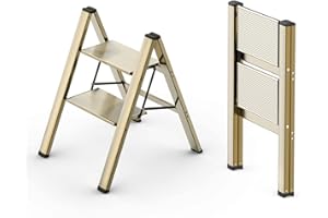 WOA WOA 2 Step Ladder, Lightweight Step Stool for Adults, Portable Folding Ladder with Anti-Slip Wide Pedal, Aluminum Closet Stepladders for Home Kitchen Office 300lbs - Gold