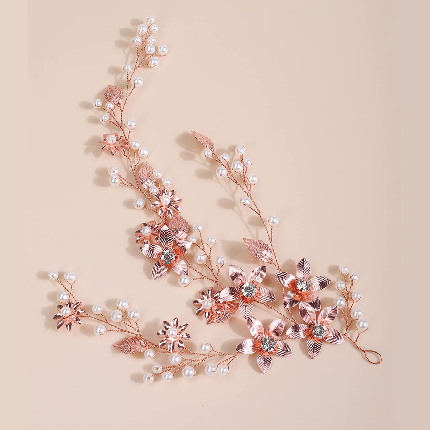 Pearls Crystal Rhinestone Headband Rose Gold Leaf Flowers Bride Hair Vine Women Girls Rose Gold Wedding Hair Accessories Rose Gold Bride Headbnad for Wedding Women and Girls