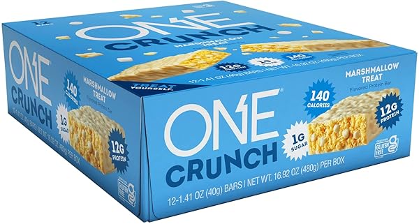 ONE CRUNCH PROTEIN BARS, MARSHMALLOW TREAT, GLUTEN FREE PROTEIN BARS WITH 12G PROTEIN AND 1G SUGAR, PANTRY STAPLES, 2.12 OZ (12 COUNT)
