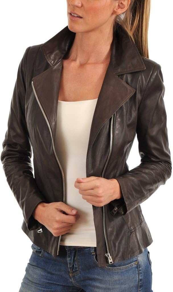 Womens Slim Genuine Lambskin Leather Designer Coat Biker Jacket LTW355 - S