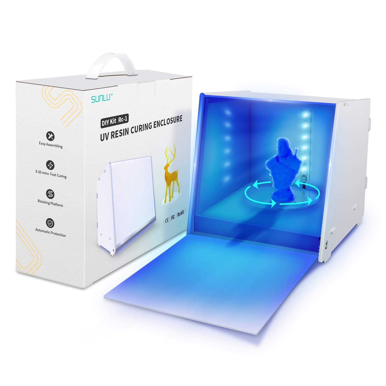 SUNLU Caja de curado UV de resina, luces LED UV de 405 nm, máquina de curado con luz UV con temporizador, placa giratoria de 360° y reflector acrílico, secador de resina rotatorio de gran tamaño
