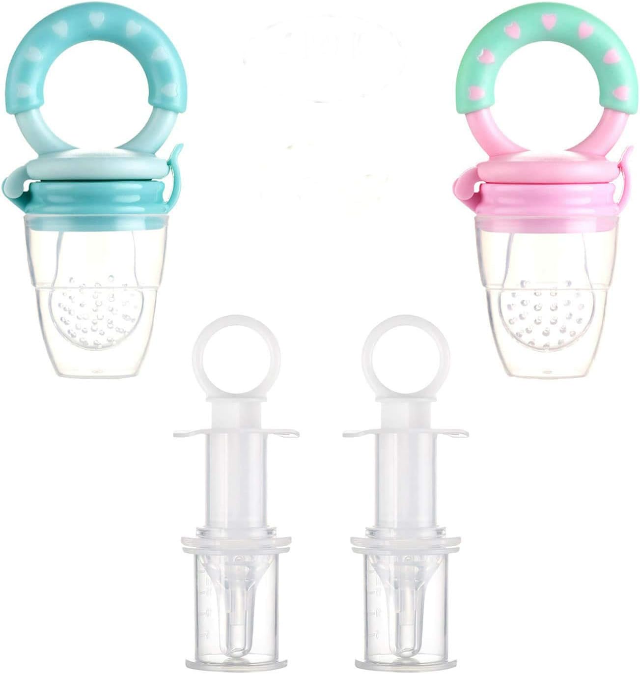 Baby Bah Bah Food/Fruit Feeder Pacifier and Medicine Dispenser, BPA Free (4pcs), Pink and Blue Feeder and Teething Toy in Silicone Pouches with Liquid Medicine Dispenser For Infants and Toddlers