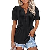 TICTICMISS Women's Pleated V Neck T Shirts Puff Short Sleeve Tops Henley Business Casual Summer Blouses