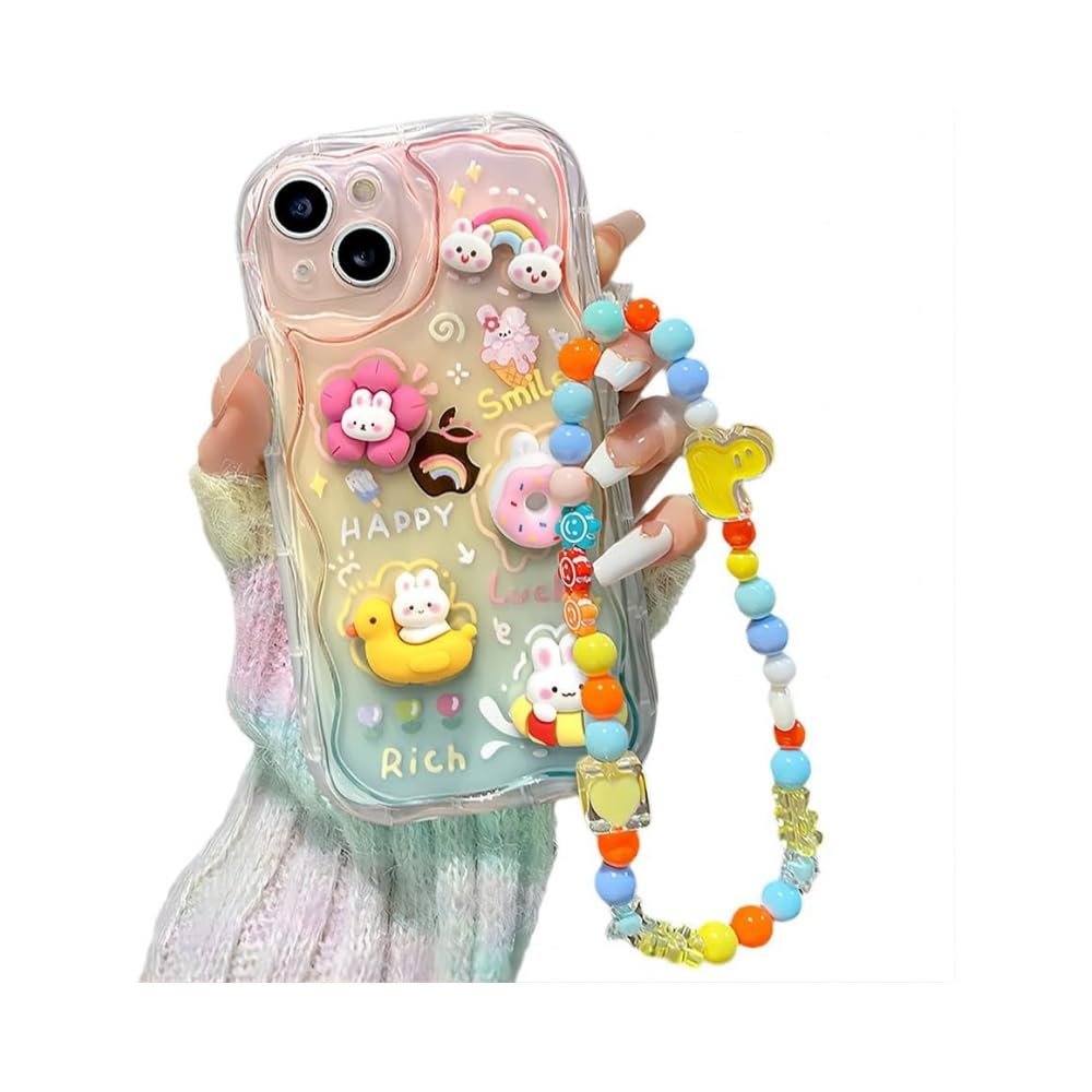 Dzdcase Designed for iPhone Case,Cute Rainbow Rabbit Duck Kawaii Cartoon Animal Wristband Strap Bracelet Chain Soft Shockproof Cover Phone Case (Pink,iPhone 14 Plus)