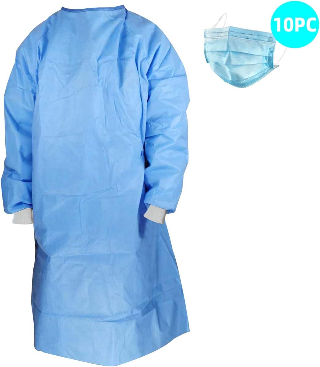 Medical Isolation Gowns Blue Protective Gowns with Long sleeves Neck and Waist ties Non-sterile examination gowns Spunbonded Polypropylene Latex-free (blue)