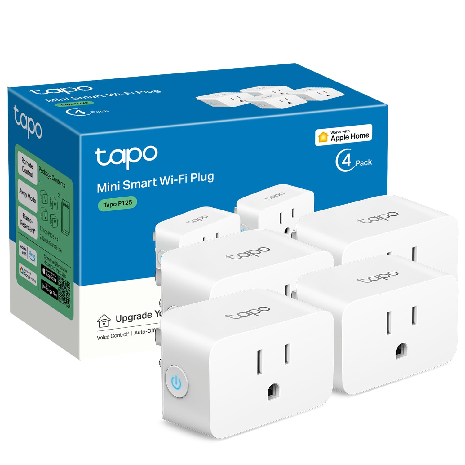 Photo 1 of ***1 piece missing*** TP-Link Tapo Apple HomeKit Smart Plug Mini, Compact Design, 15A/1800W Max, Super Easy Setup, Works with Siri, Alexa & Google Home, UL Certified, 2.4G Wi-Fi Only, White, Tapo P125(4-Pack)