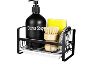 TEZZ Sponge Holder for Kitchen Sink- Stainless Steel Kitchen Sink Caddy for Organizing Sponge, Brush & Soap Dish Dispenser, Kitchen Sink Organizer Rack with adhesive or Counter top, Black