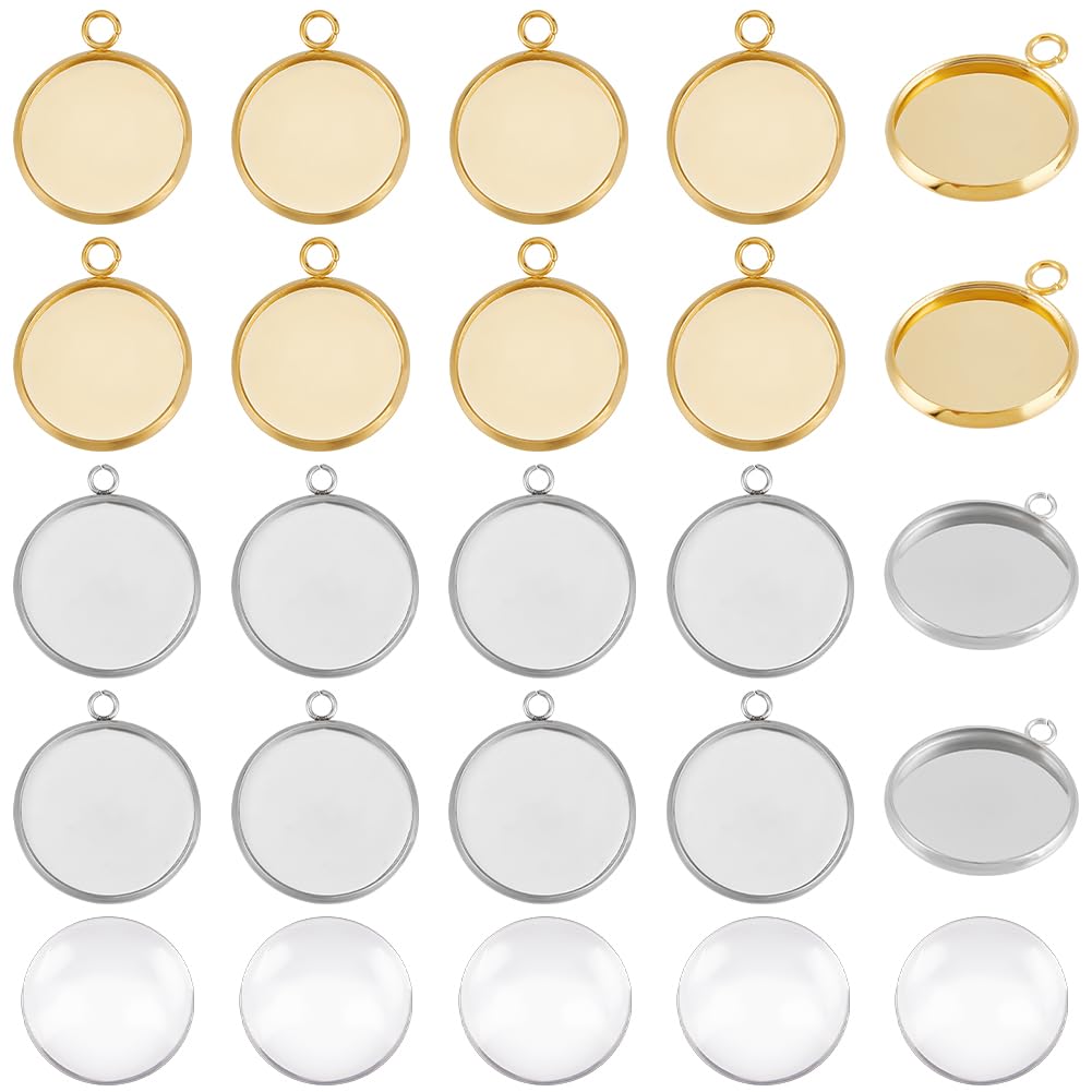 UNICRAFTALE About 40Pcs 2 Colors 304 Stainless Steel Pendant Cabochon Settings Plain Edge Bezel Cups 16mm Tray Flat Round Pendant Making Kit with 40Pcs Transparent Glass Cabochons for Jewelry Making