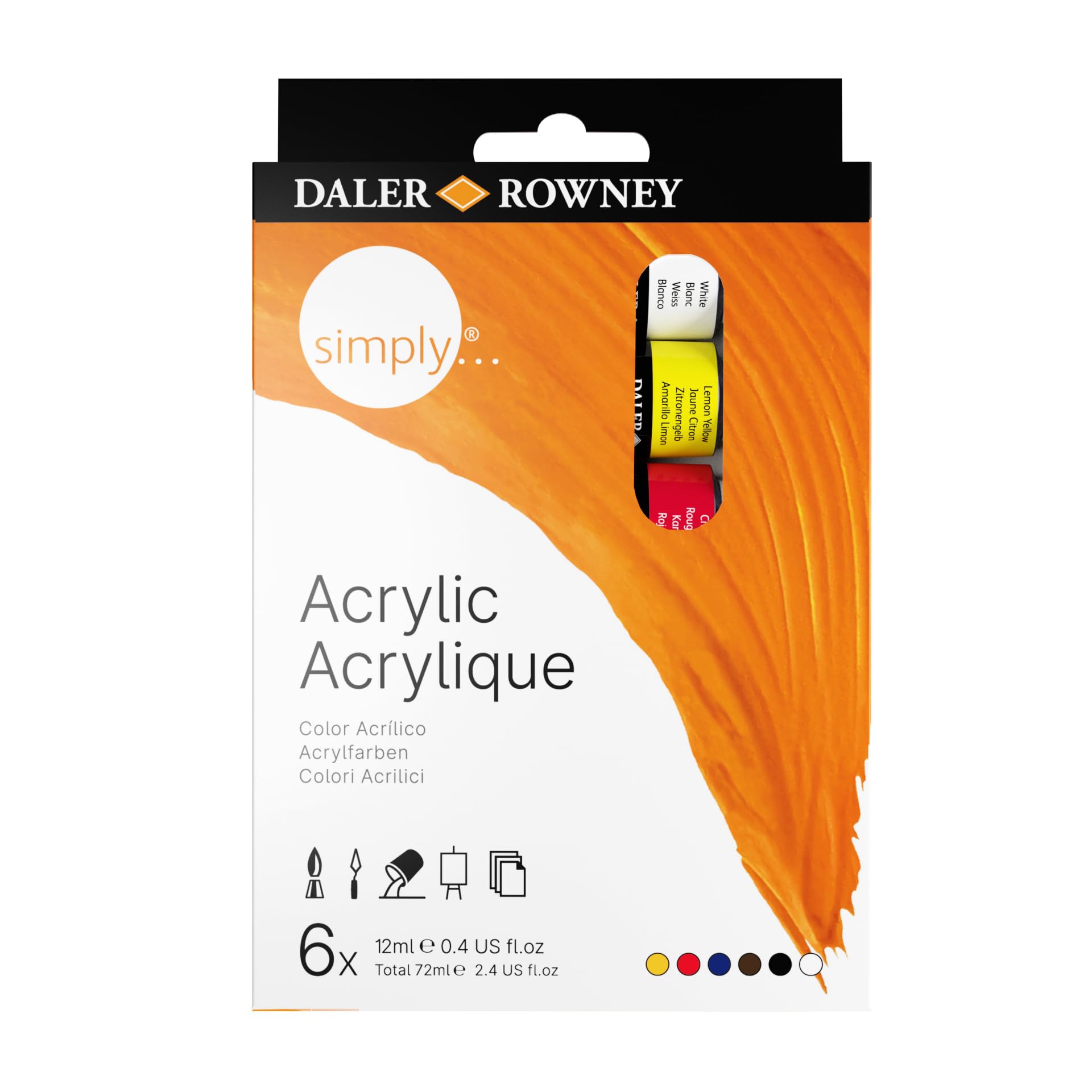 Daler-Rowney Simply Acrylic Paint, Aluminium Tubes, 0.41oz - 12 ml, Cardboard Box, Set, 6 Assorted Colours