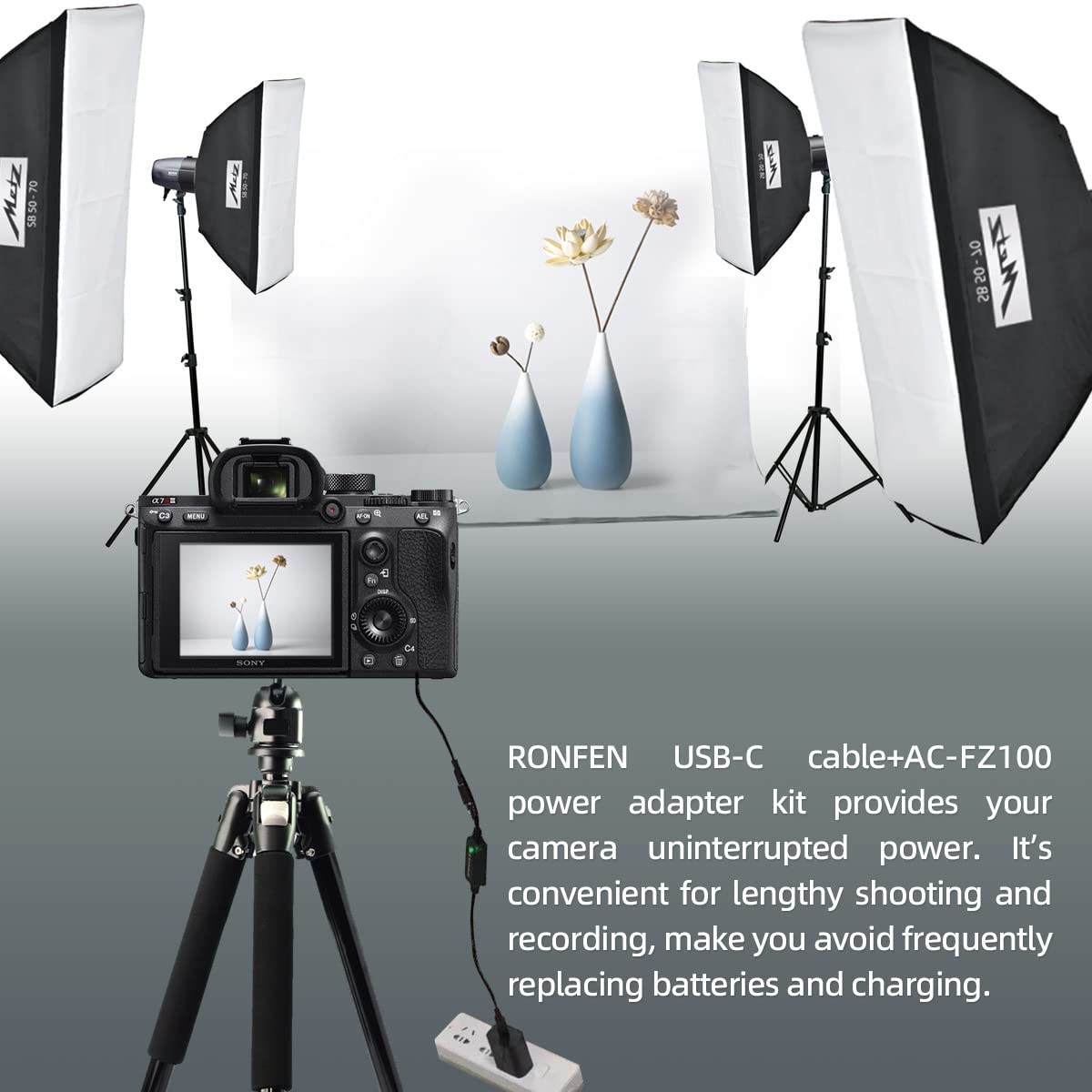 RONFEN NP-FZ100 Dummy Battery DC Coupler USB-C Cable PD Adapter Kit Replace AC-FZ100 AC Power Adapter for Cameras Sony Alpha 9 A9 II A9R A9S A7 III A7R III A7S III A6600 A7IV A7 IV A7R IV A7C A1 FX3