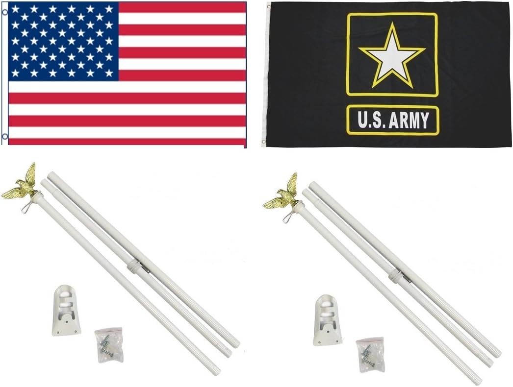 3'x5' US AMERICAN and US ARMY Black & Gold Star Polyester Flags and TWO 6' POLE KITS