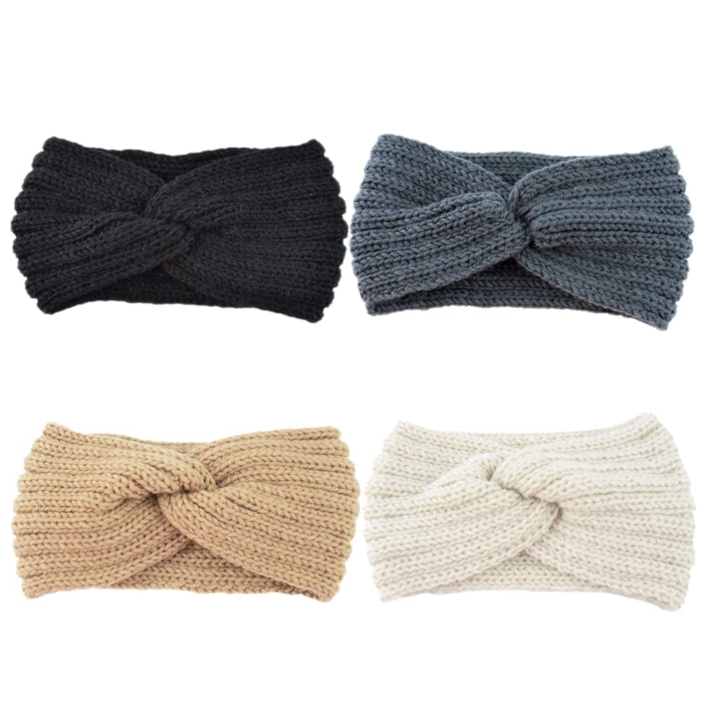 KALLORY Braid Headband 4pcs Vintage Headbands Cross Splice Hair Bands Winter Hair Accessories for Women Girls (Black+ Beige + Light Tan + Deep Grey) Ladies Headbands