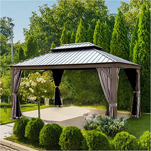12 x 16 ft Outdoor Gazebo Hardtop Gazebos for Patio Permanent Canopy Double Roof Privacy
