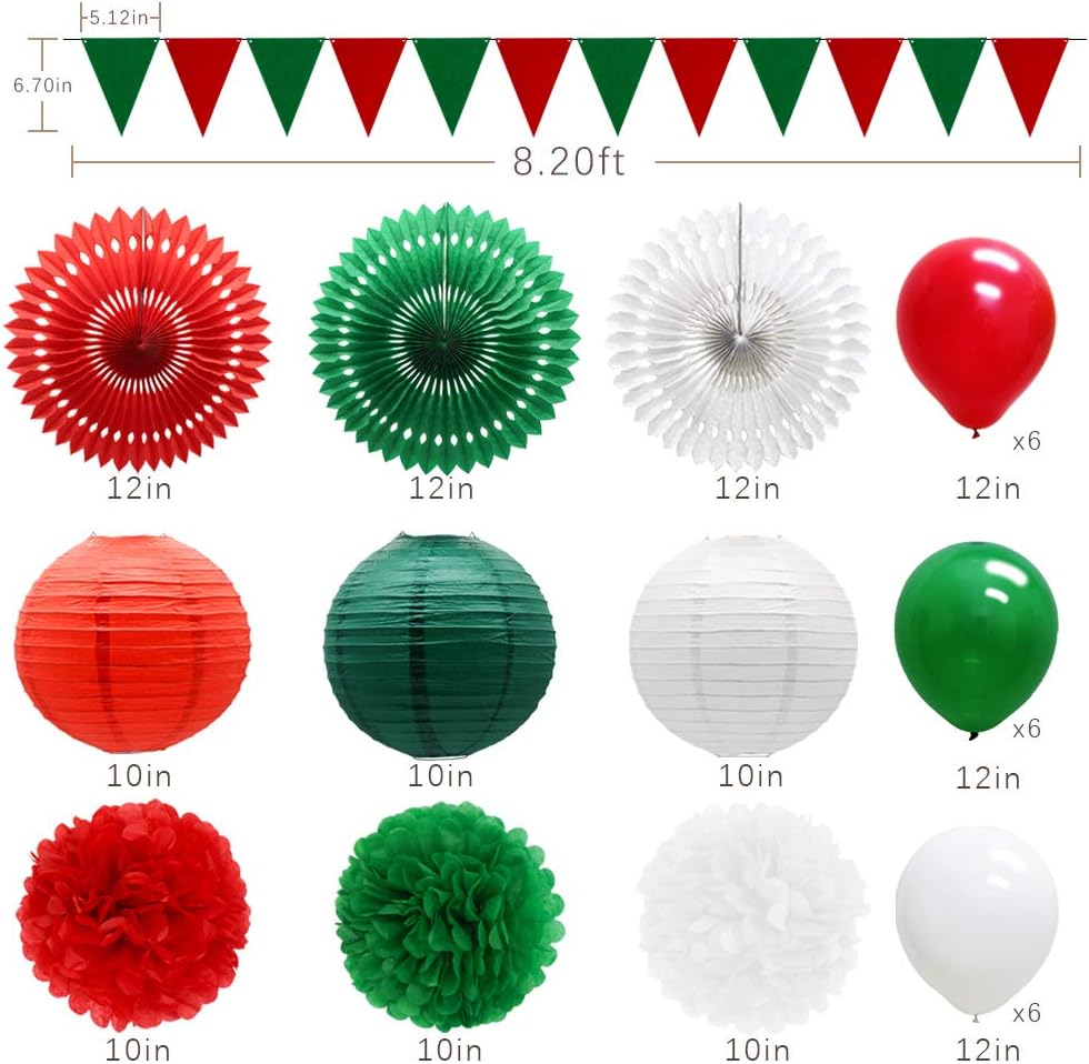 Meiduo Red Green White Christmas Fiesta Brands Mexican Italian Party Decorations Paper Fans Lanterns Flower Pom Poms Felt Pennant Balloons for Graduations St. Patrick's Day Birthday Baby Shower: Health & Personal Care