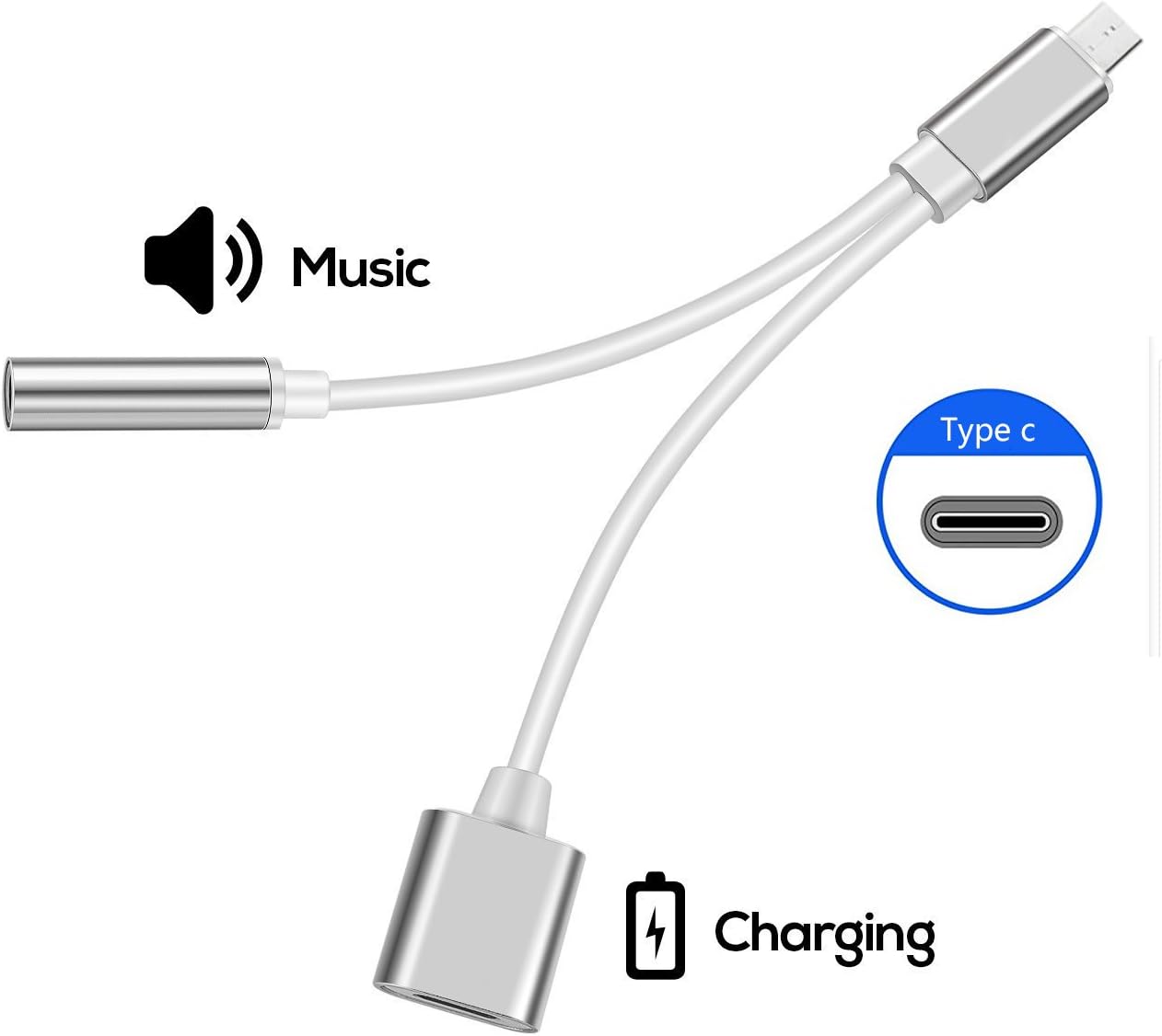 2 in 1 Type C to 3.5mm Audio Adapter, Worcie 2 in 1 USB Type C Cable Fast Charge to 3.5mm Audio Jack Headphone Adapter Converter Supports Audio and Charging for Motorola Moto Z, Letv Le Pro 3(Silver)