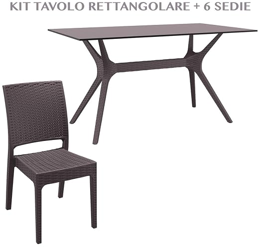 Tavolo Rettandolare Con 6 Sedie Da Giardino Effetto Rattan
