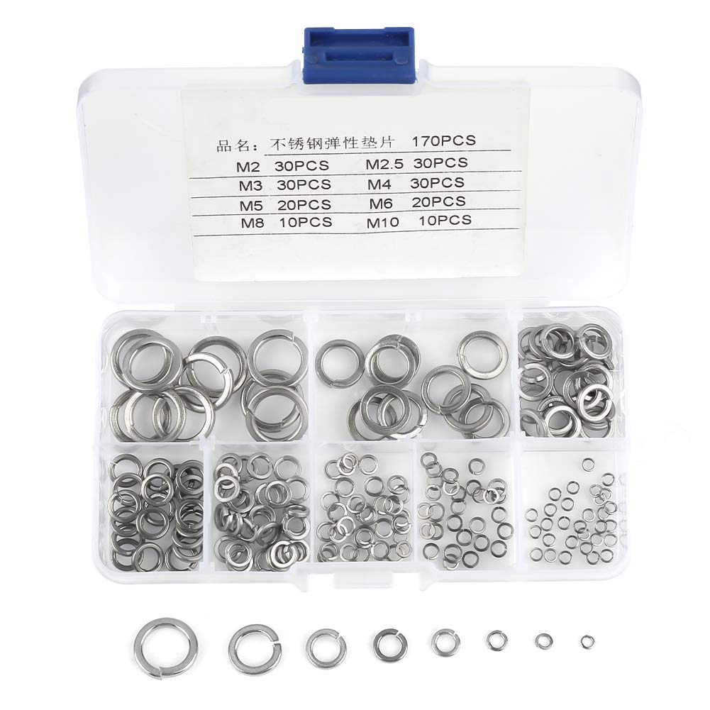 Washers Assortment Set, 180pcs M2/M2.5/M3/M4/M5/M6/M8/M10 SS304 Stainless Steel Spring Lock Washer Assortment Kit with Box