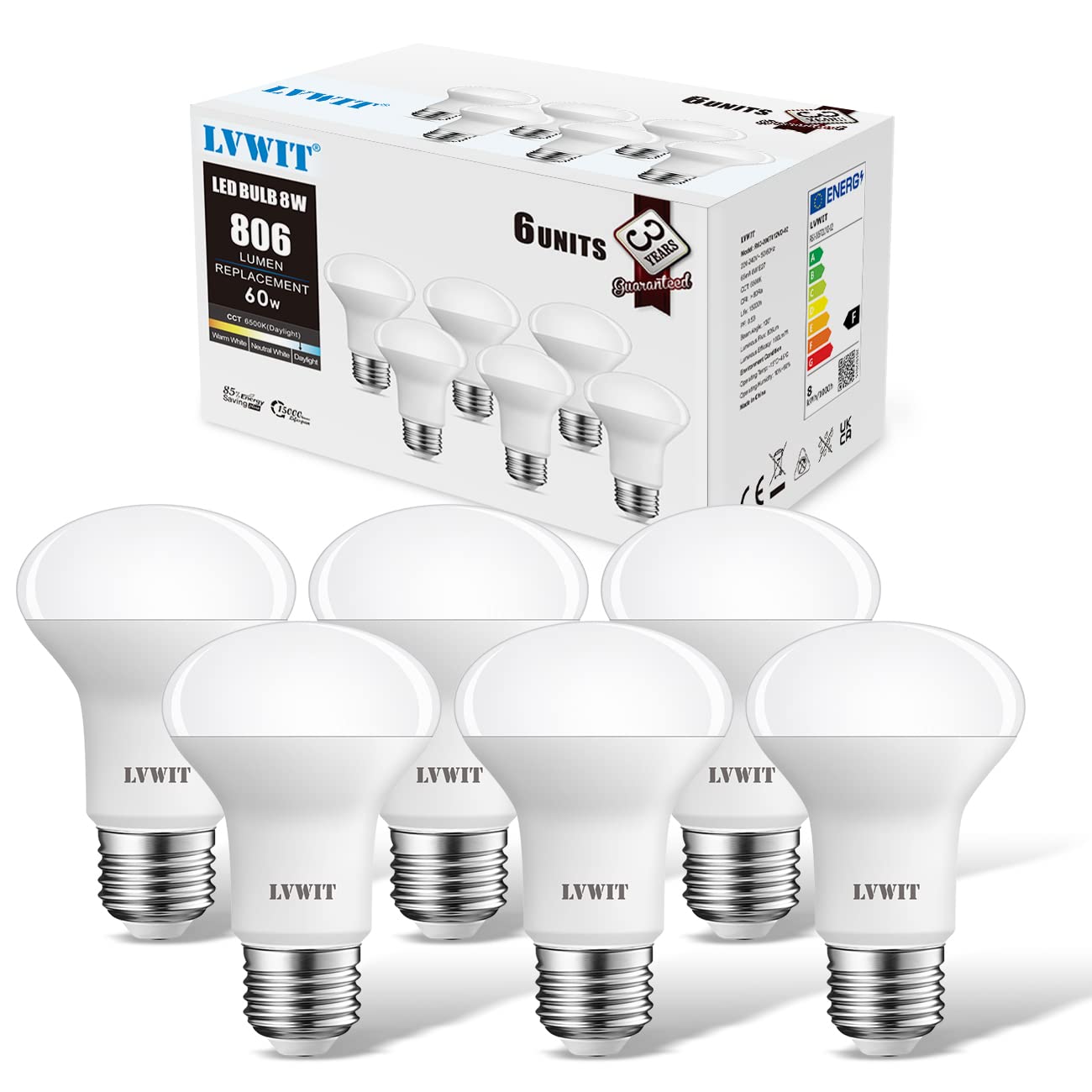 R63 Reflector E27 LED Bulb, 6-Pack, LVWIT 8.5W Daylight White 6500K 806Lm 60W Replacement Non-Dimmable Reflector Bulb