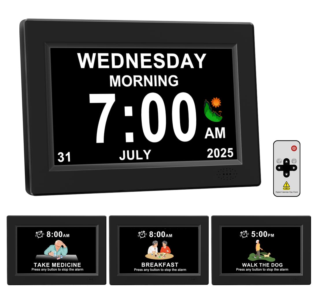 MYFMLI Digital Alarm Clock for Seniors - No-Abbreviation Date HD Display Auto Dimming Photo FrameWhite Noise DST Adjustment, Ideal Gift for Elders (8in Black)