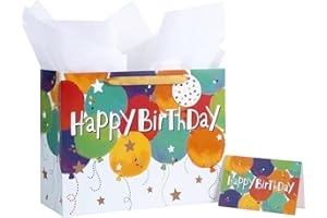Loveinside Colorful Birthday Gift Bag, Balloons Pattern with HAPPY BIRTHDAY Text, Matching Tissue Paper, Greeting Card and Tag, Ideal for Kids' Birthday Gifts, 13" x 5" x 10", 1 Pcs