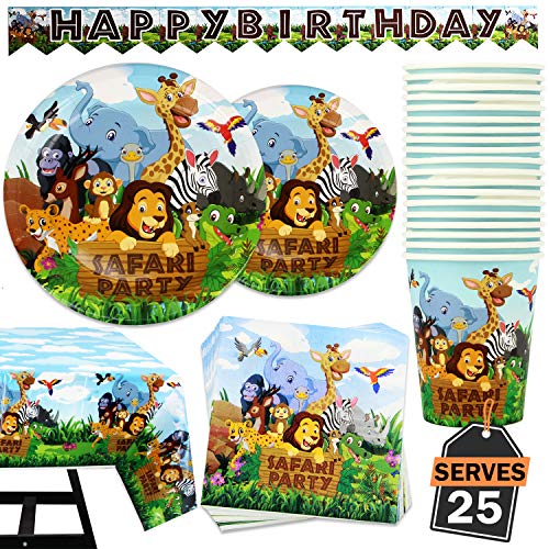 102 Piece Safari Animal Party Supplies Set Including Banner, Plates, Cups, Napkins, and Tablecloth, Serves 25 - Thumbnail 6