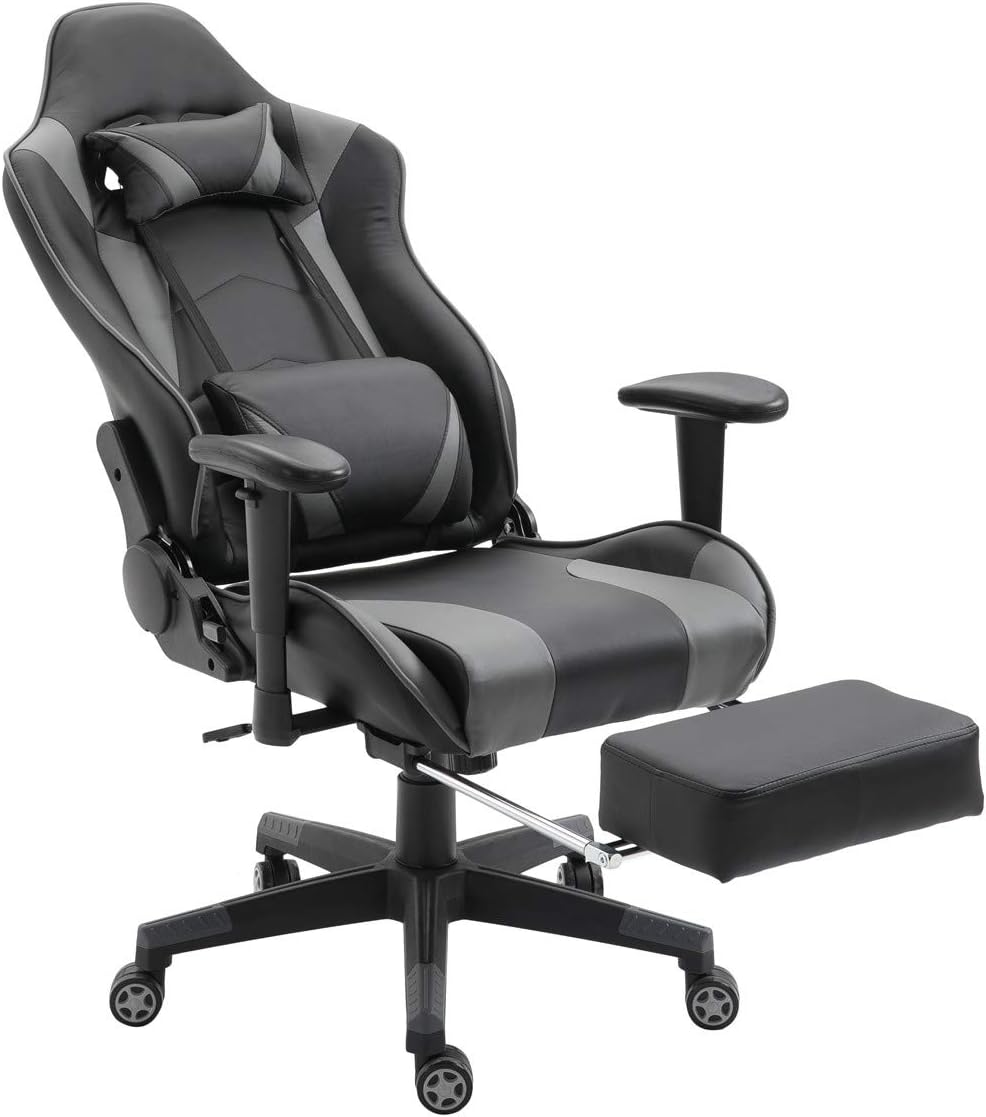Compuer Chair Executive Chairs High Back Ergonomic Racing Chair with Adjustable Height Swivel Office Chair with Headrest Lumbar Support (Black/Grey,with Footrest)