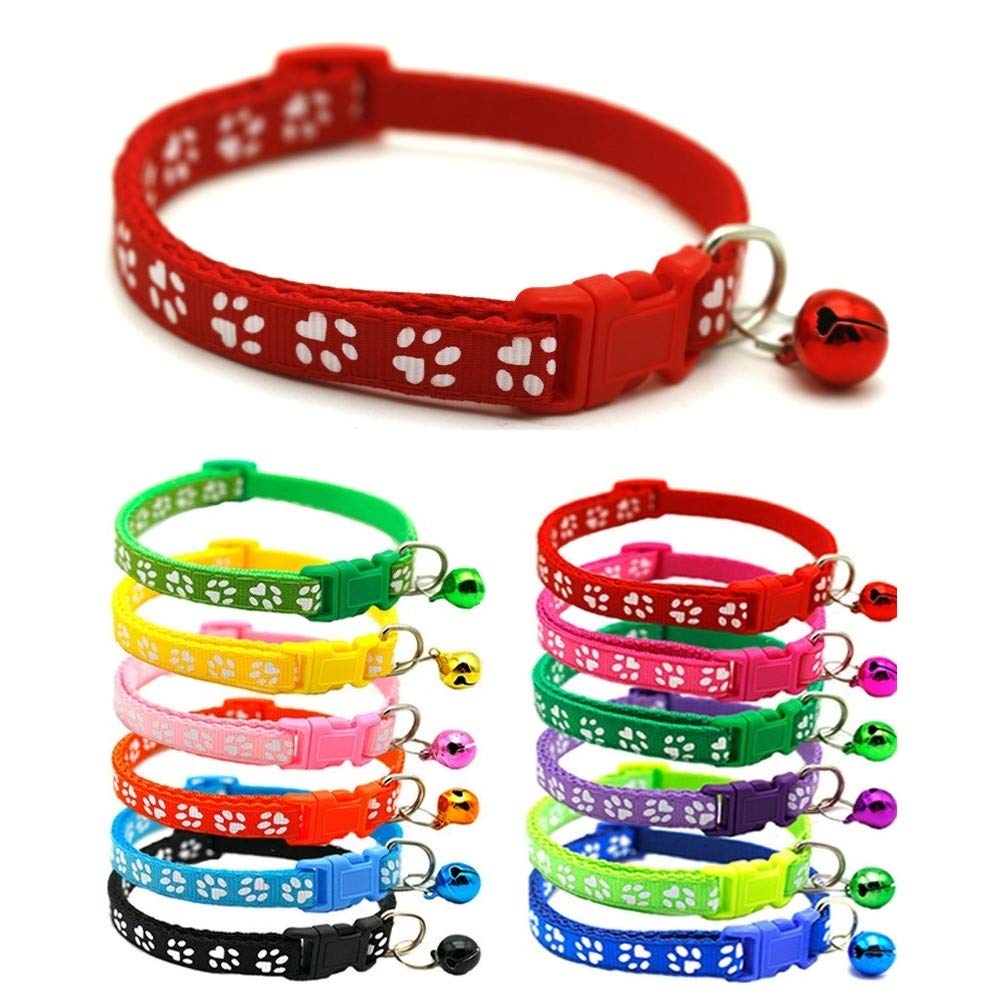 Small Dog Puppy Pet Collar Pawprint Design with Bell Nylon Adjustable Size 19-32cm Red — image 1