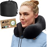 GORILLA GRIP Travel Neck Pillow for Airplanes, Travel Essentials, Black | CertiPUR-US&reg; Memory Foam Cooling Mesh Pillows, Soft Velvet Washable Cover, Support Headrest for Sleeping, Flight Accessories