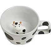 DIHOclub Farmhouse Ceramic Coffee Mug with Animal Figurine – Rustic Stoneware Cup, Matte Finish, Ideal for Breakfast & Home Decor (Black White Cow)