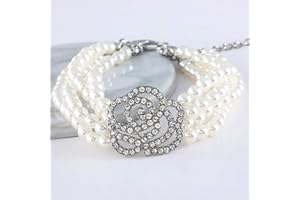 RayMinsino Pet Collar with Four Rows of Pearl dot Diamond Necklace Jewelry Adjustable Rose Flower cat and Dog Decoration Acce