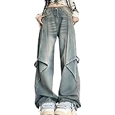 RILGOU Y2K Punk Gothic Grunge Style High Waist Zipper Straight Vintage Straps Distressed Wide Leg Denim Pants