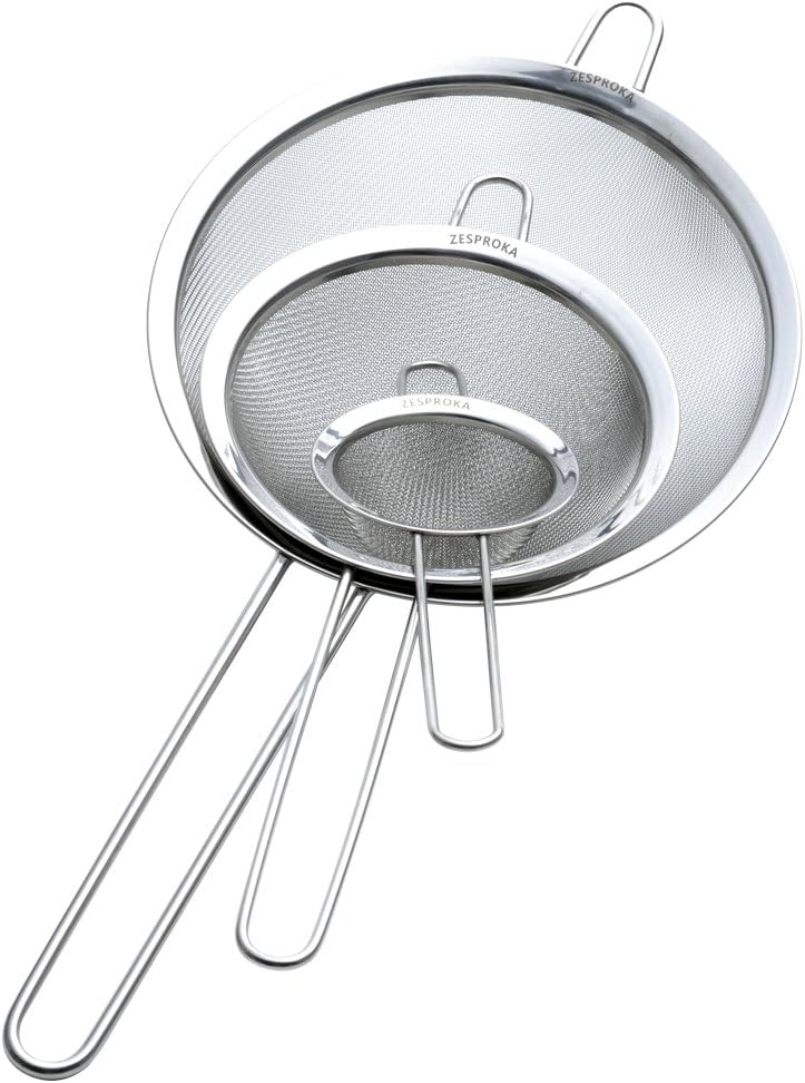 ZESPROKA Fine Mesh Stainless Steel Strainer, Set of 3 Premium Colanders Metal Strainer and Sifters Best Accessory for Kitchen, Juice Filter and Rice Washer Set