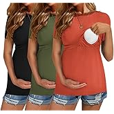 Ekouaer Womens Nursing Tops 3 Pack Short Sleeve Ribbed Breastfeeding Shirts Double Layer Maternity Shirt Pregnancy Clothes