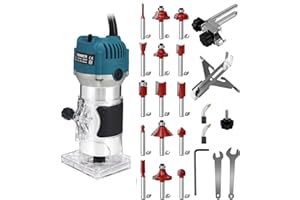 MEFAPE 110V Router Tool, 800W Wood Trim Router, 30000RPM Electric Hand Trimmer, Palm Router with 15x 1/4” Router Bits & 2x Trim Guides for Woodworking Tools, Adjustable Base Height w/Scale