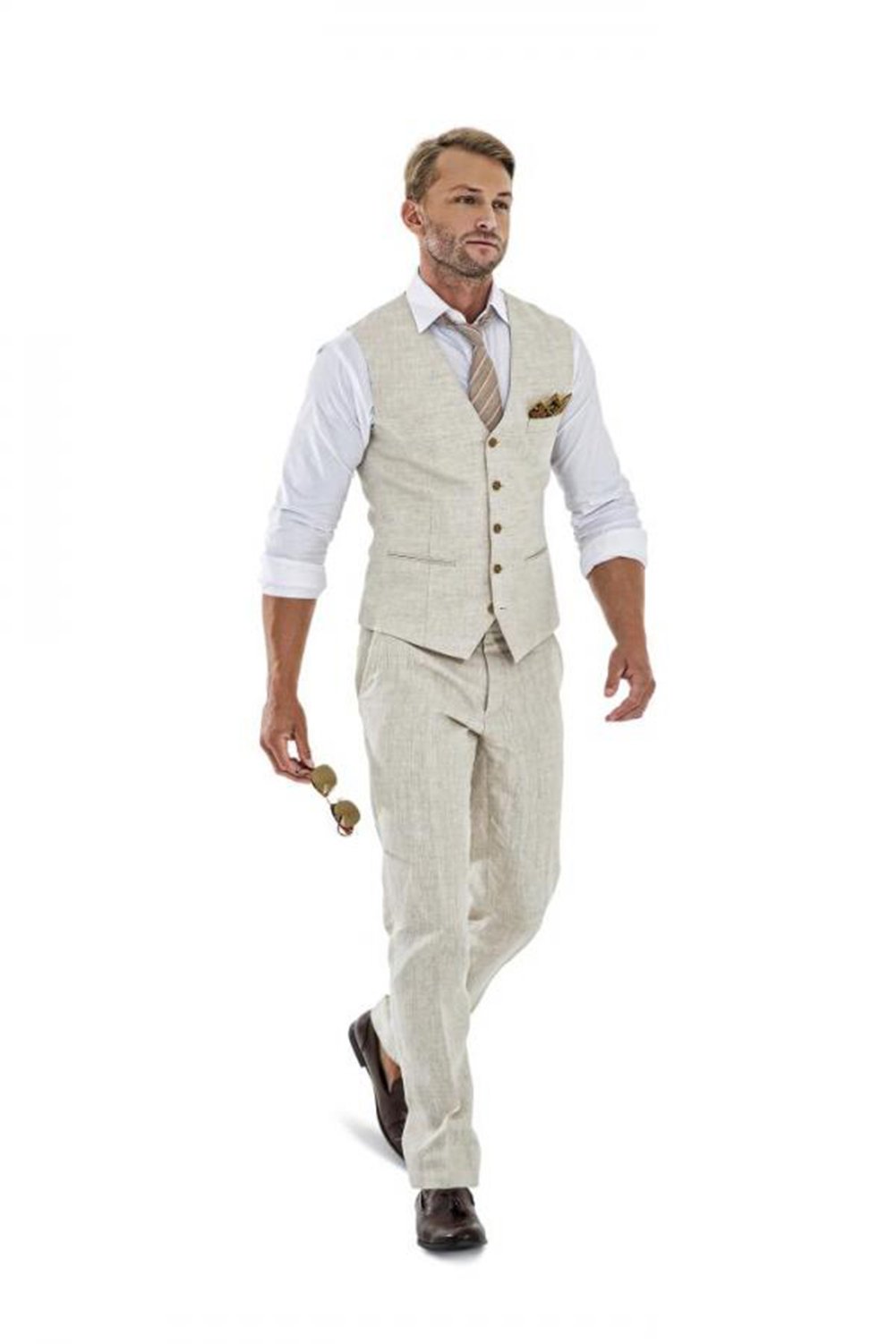 Casual Linen Beige Men's 2 Piece Suits Wedding Suits Slim Fit Groomsmen Tuxedos Prom Blazer Custom Summer Linen Vest+Pant