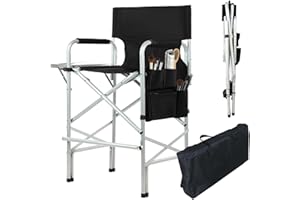 GDGYOFN Makeup Chair for Makeup Artist 45.6'', Tall Directors Chairs Foldable for Clients with Side Table Cup Holder Storage Bag and Footrest, Folding Chair 400lbs Capacity Black