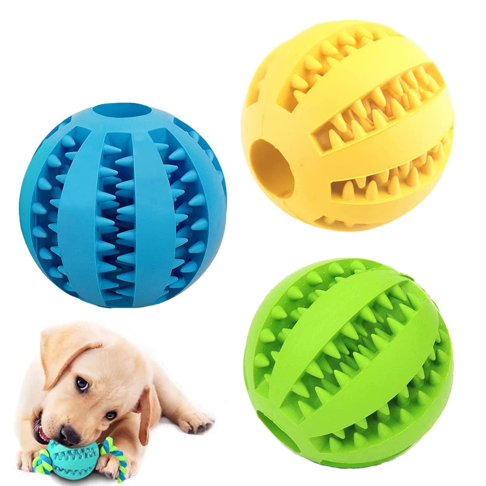 DFsucces Durable Dog Toy Ball (3Pcs) - Interactive Puzzle Teething & Chewing Toys for Small Dogs, Teeth Cleaning & Training Dispensing Ball, Fun & Safe Pet Toys (5cm, 3 Colors)