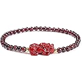 LIU JUN Feng Shui Pixiu Bracelet For Women, Natural Burgundy Garnet Stone Beaded Lucky Wealth Amulet Stretch Gift Jewelry