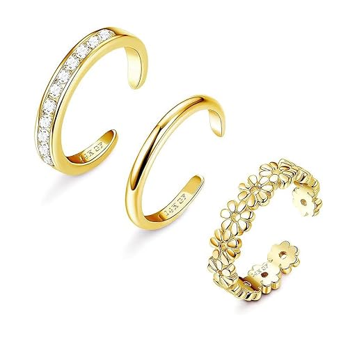 QKEOISUD 3pcs Toe Rings Set for Women,Flowers Diamond Plain Open Toe Ring Adjustable Summer Beach Jewelry Accessories for Foot(Gold)