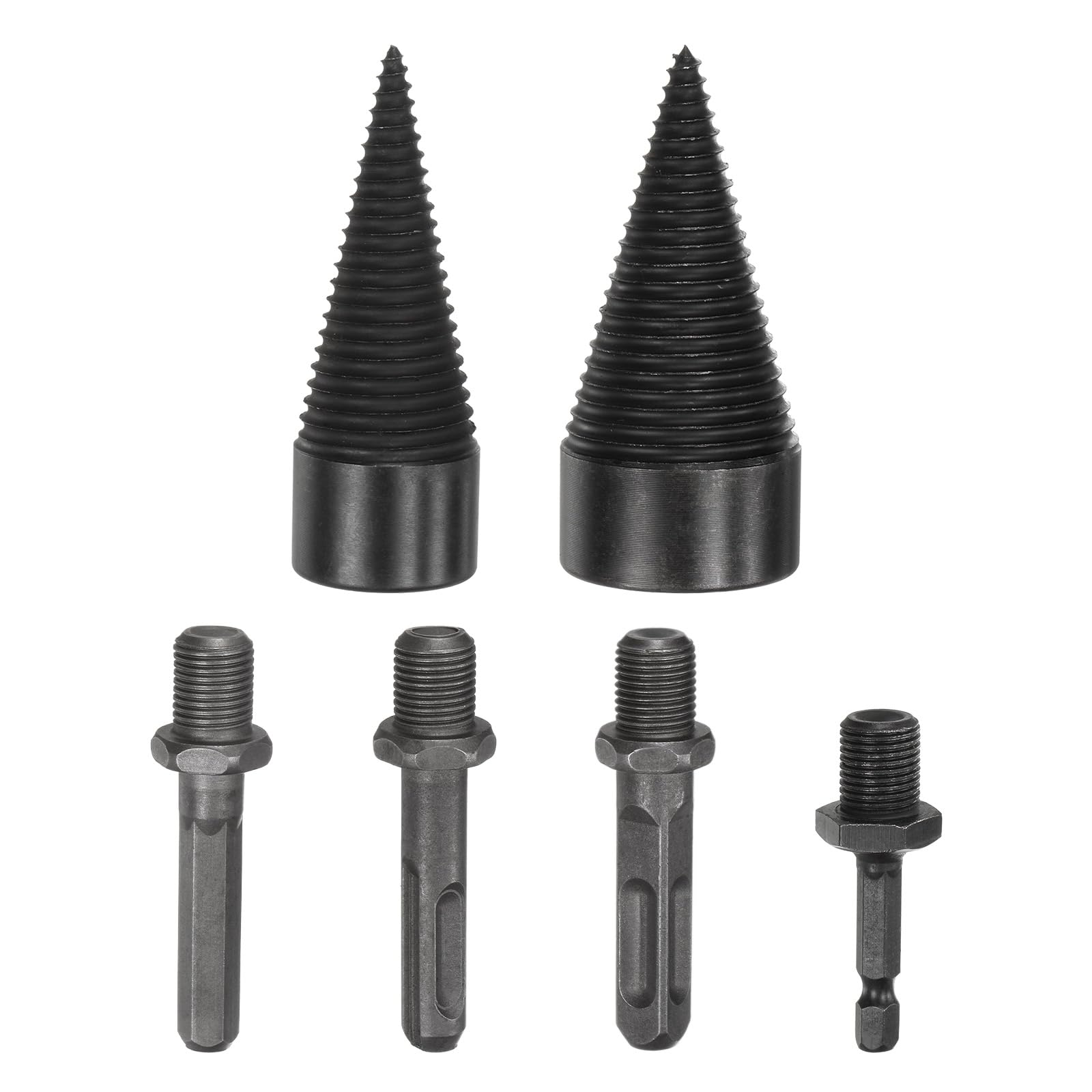 M METERXITY 2-Pack Wood Splitter Drill Bit 32mm + 42mm + 4 Handles (Square + Round + Hex Shank + Small Hex) Firewood Log Splitter Drill Bit for Family/Outdoor/Stove/Farm [Black+Grey]