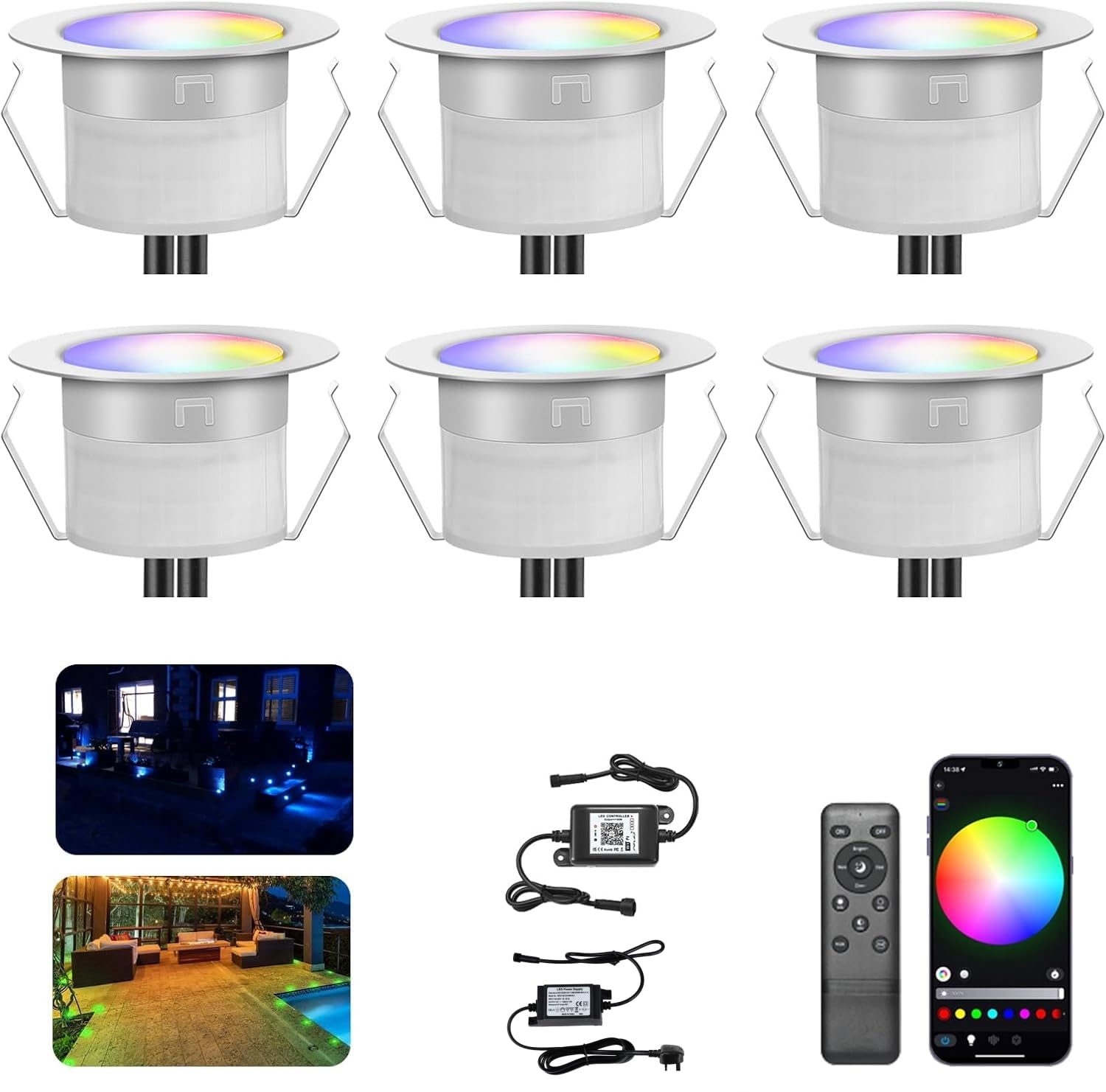 INDARUN RGBW WiFi Led Decking Lights Waterproof IP67 Ø45MM 12V - Led Plinth Light Kits for Terrace/Patio/Path/Wall/Garden/Decoration, 6 Packs