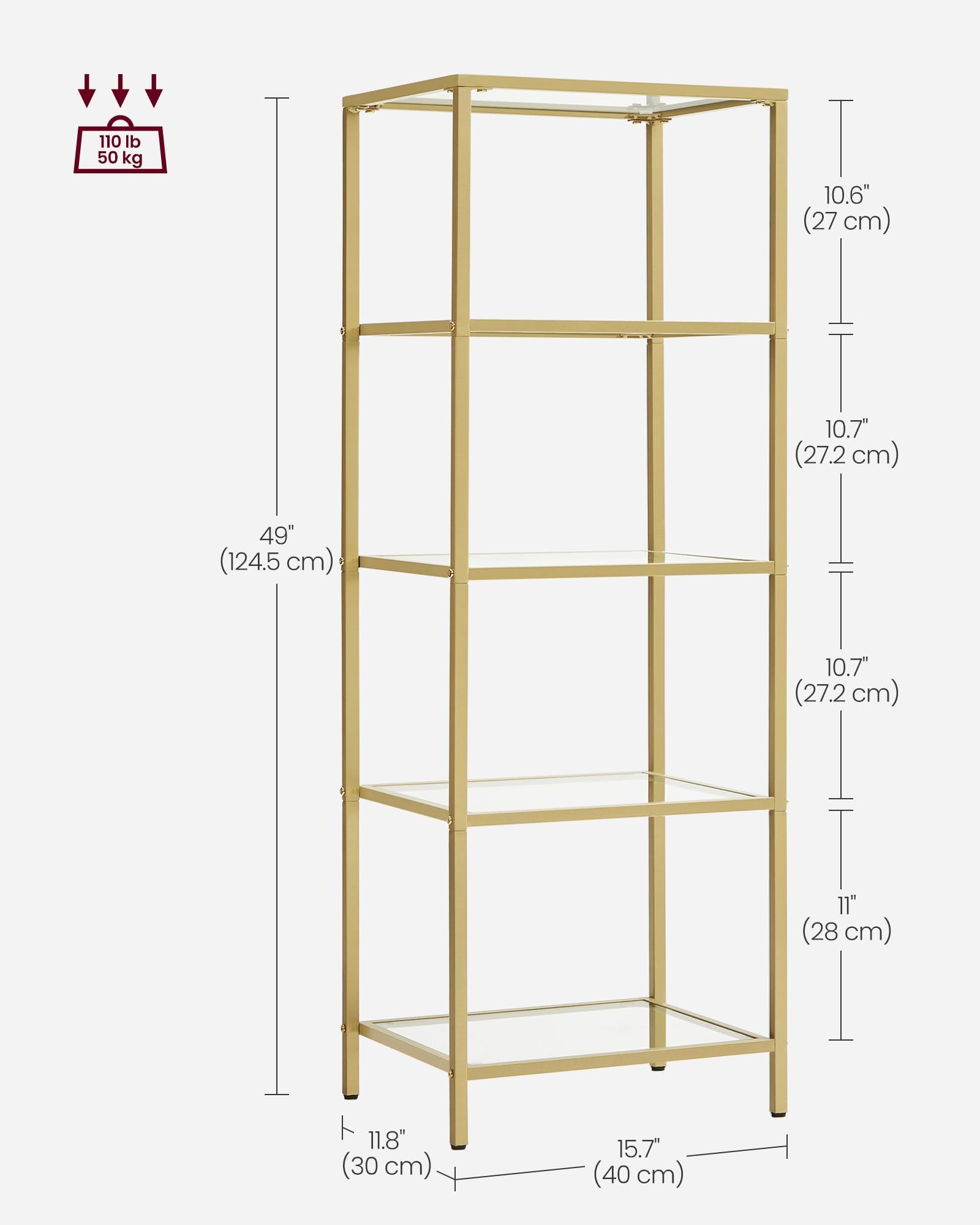 VASAGLE Bookcase, 5-Tier Bookshelf, Slim Shelving Unit for Bedroom, Bathroom, Home Office, Tempered Glass, Steel Frame, Metallic Gold ULGT029A01