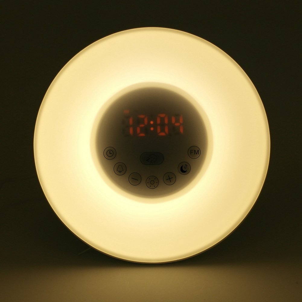 Wake-Up Light, Amteker Sunrise Simulation Alarm Clock with FM Radio Nature Sounds, 7 Colors Atmosphere Lamp,10 Brightness Bedside Lamp - Touch Control night light for Girl Lady kid Baby Bedroom