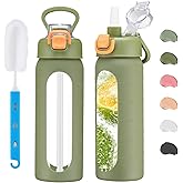 chunmo 20 oz Glass Water Bottle with Straw Reusable Water Bottle with Non-Slip Silicone Sleeve Wide Mouth Leak-Proof for Coffee, Tea and Water,BPA-free, Dishwasher Safe