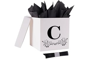 Jaywayang Letter Gift Box with Lid, Ribbon and Warpping Tissue, 8.7" White and Black Gift Box for Men Women Birthday, Baby Shower, Anniversary, Wedding Party Favor Decorative (Medium Letter C)